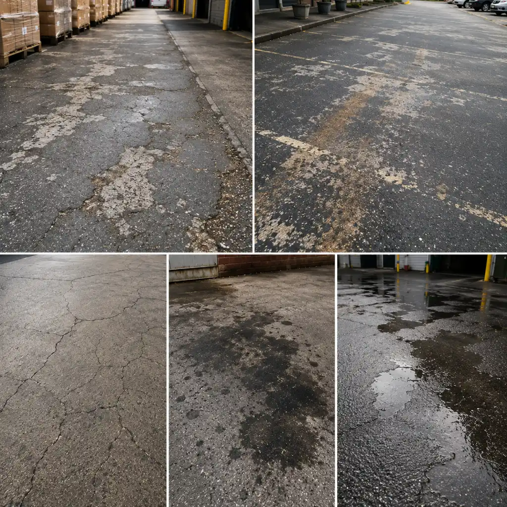 Worn commercial tarmac surface with heavy use damage